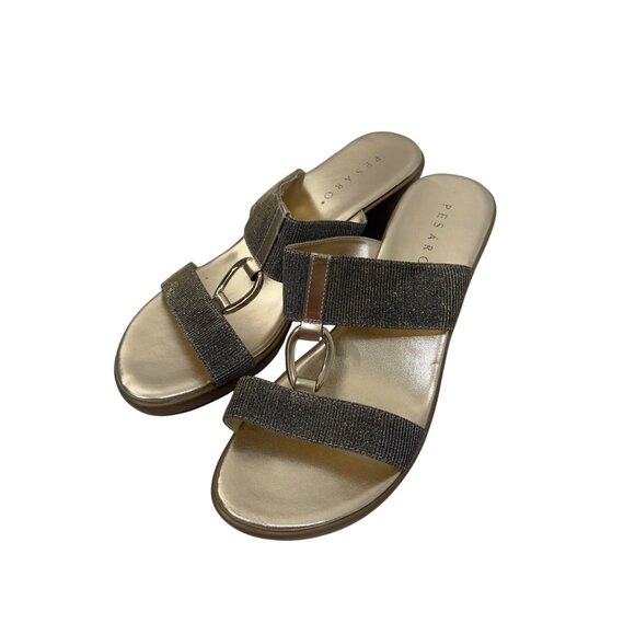 Pesaro Women Gold Wedge Sandals Double Sparkly Strap Design Ring Accent Size 11 - Picture 15 of 15